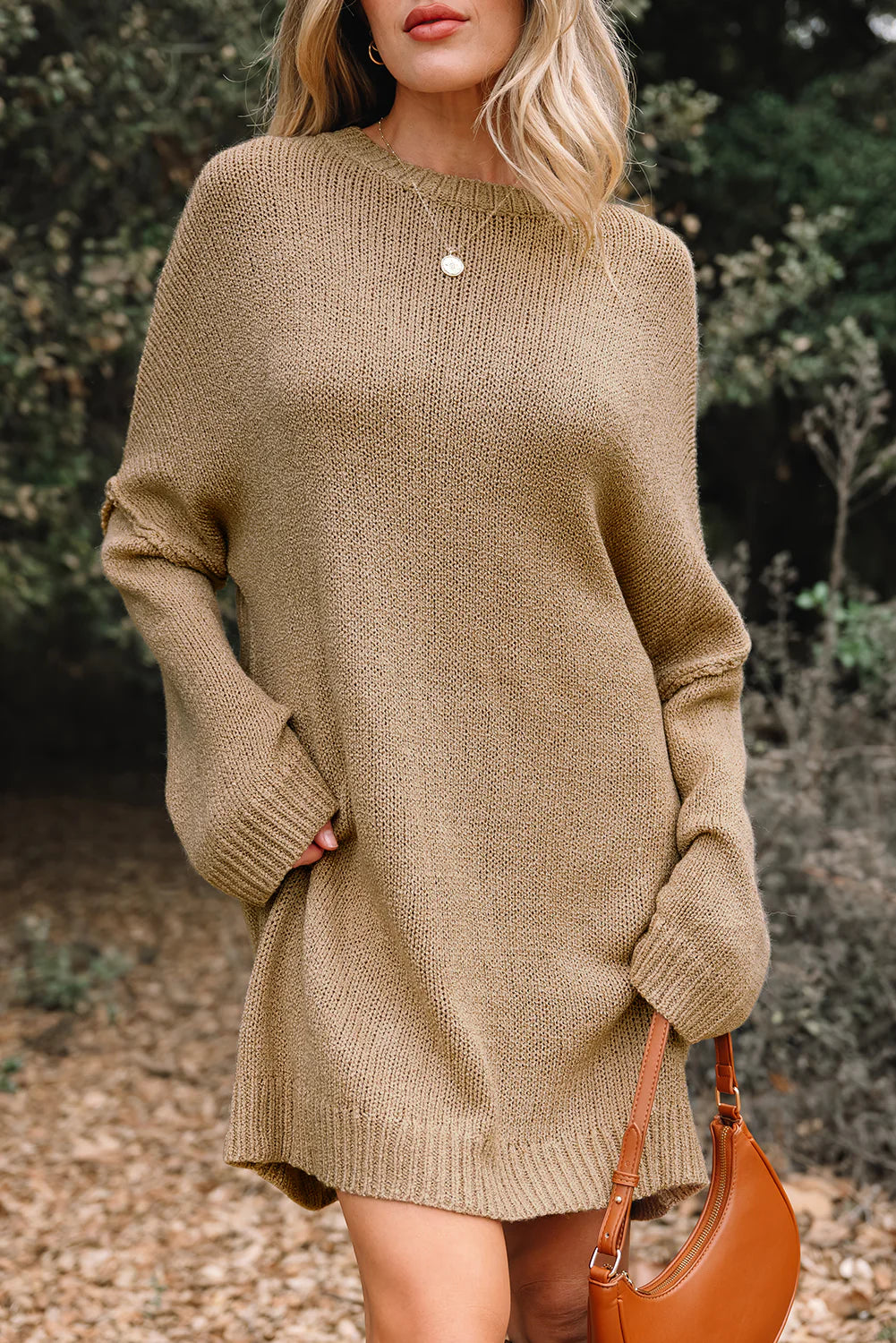 Sunday Snuggles Slouchy Sweater Dress-Khaki