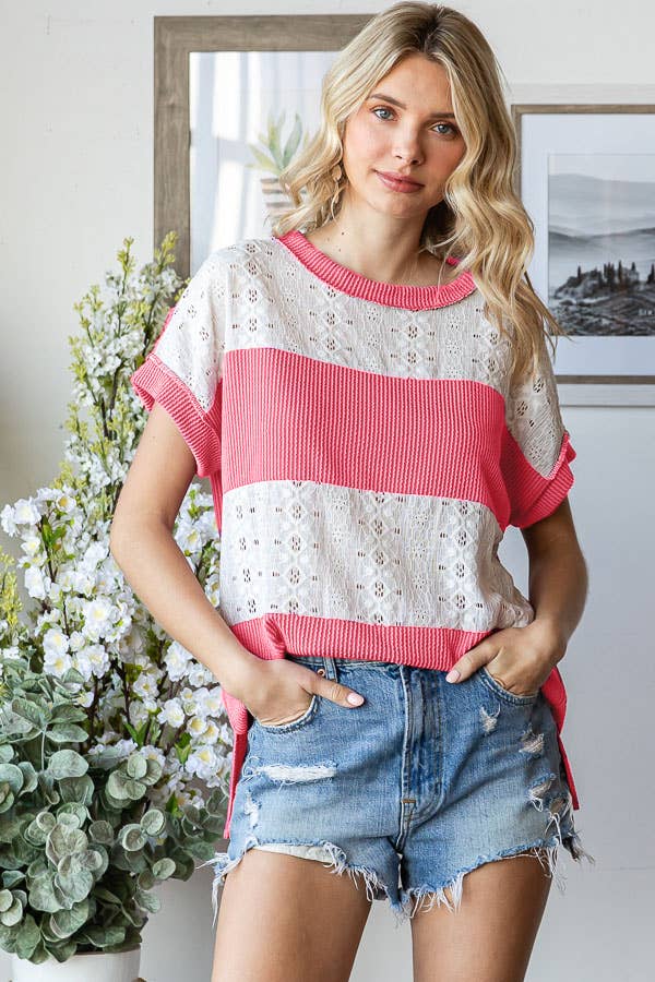 Radiantly Ribbed Lace Short Sleeve l Top