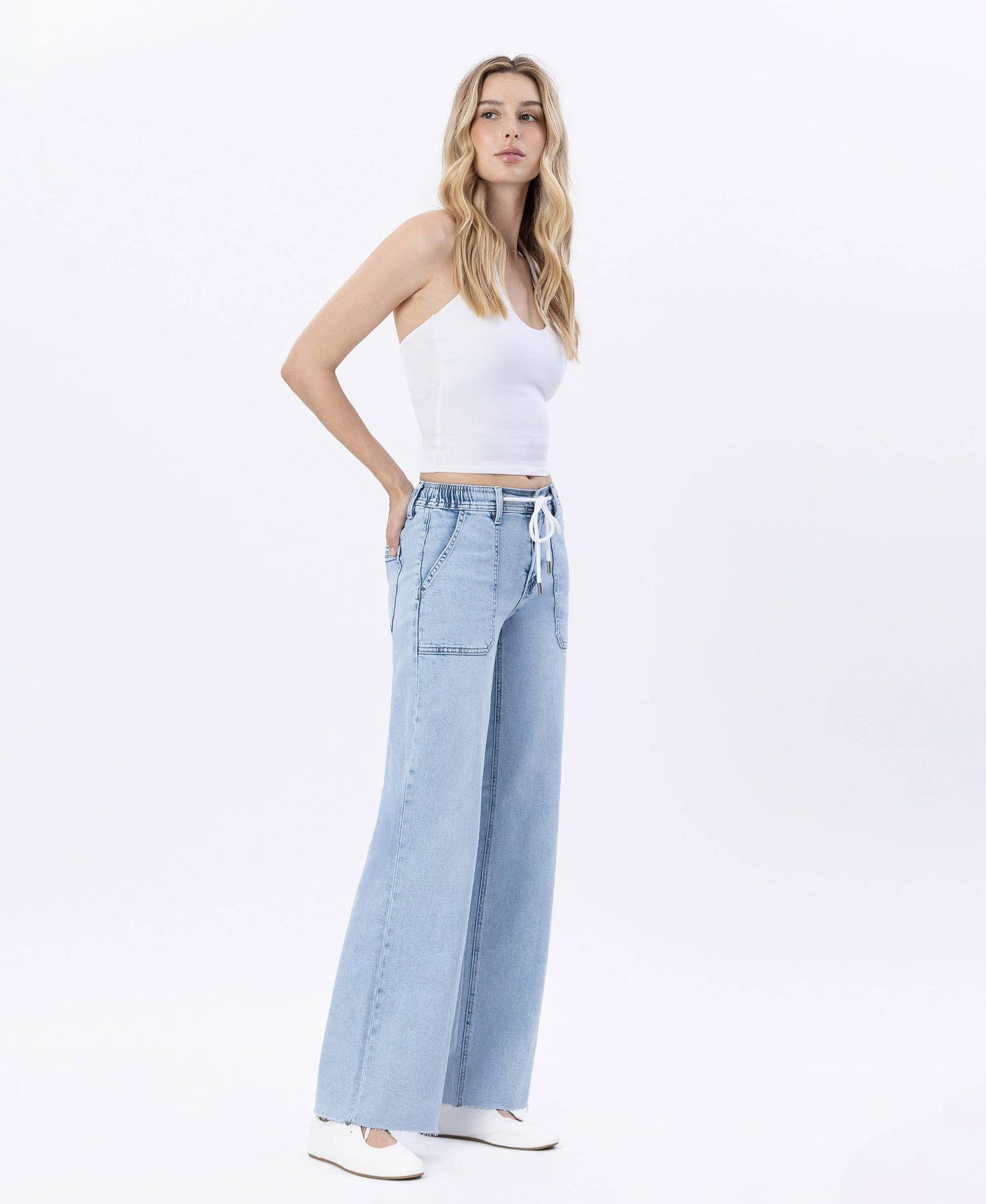 Lovervet Haven High Rise Drawstring Waist Wide Leg Jeans