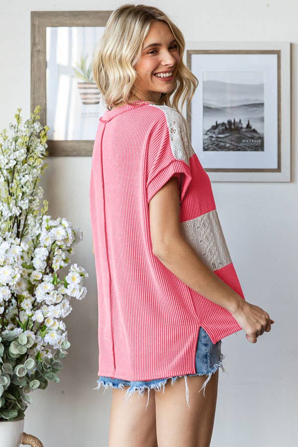 Radiantly Ribbed Lace Short Sleeve l Top