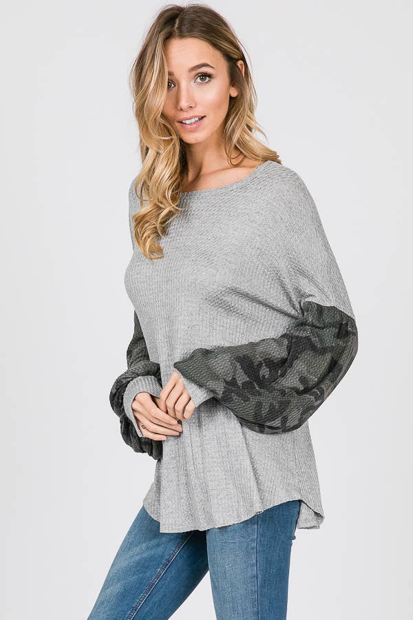 Camo Balloon Sleeve Waffle Knit Top
