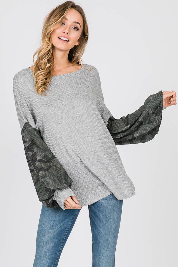 Camo Balloon Sleeve Waffle Knit Top