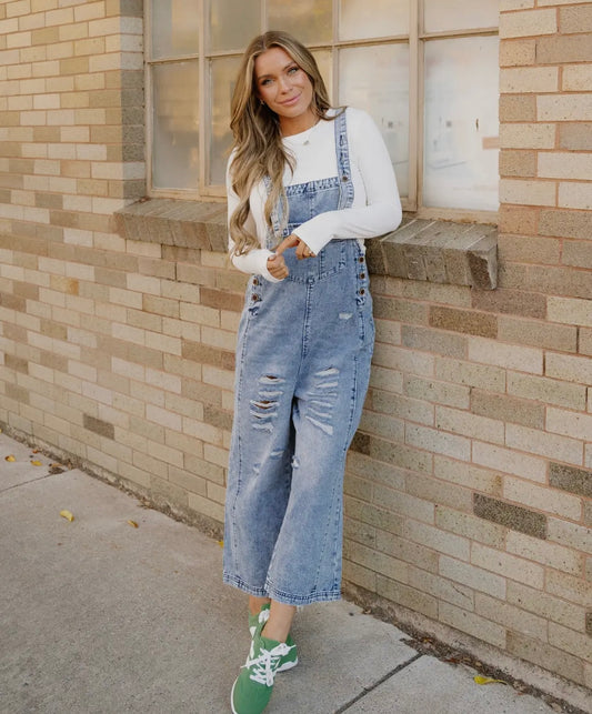 Denise Denim Distressed Wide Leg Overall