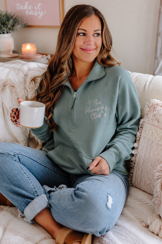 Homebody Club Embroidered Half Zip Sweatshirt