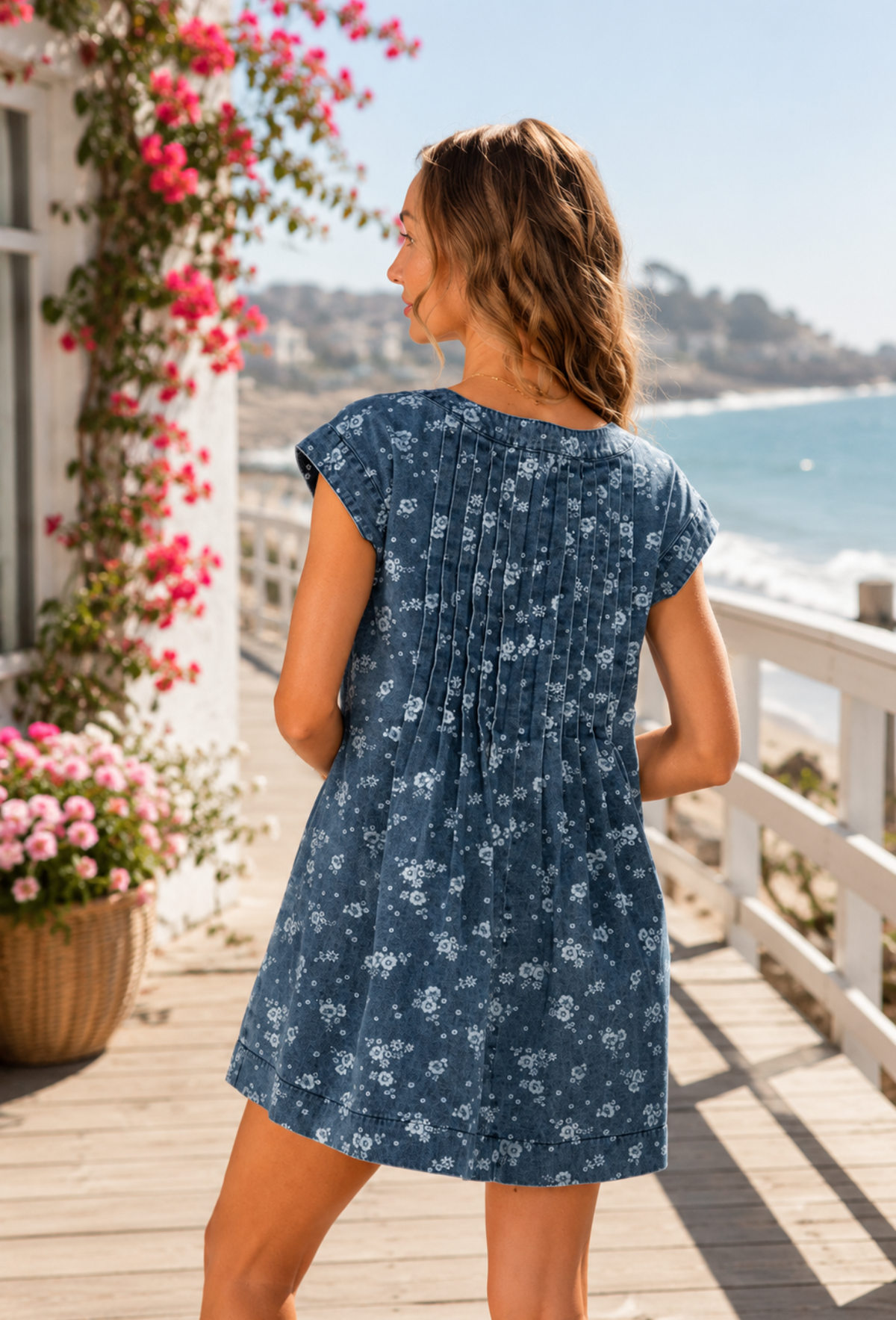 Fiona Floral Denim Pintuck Dress