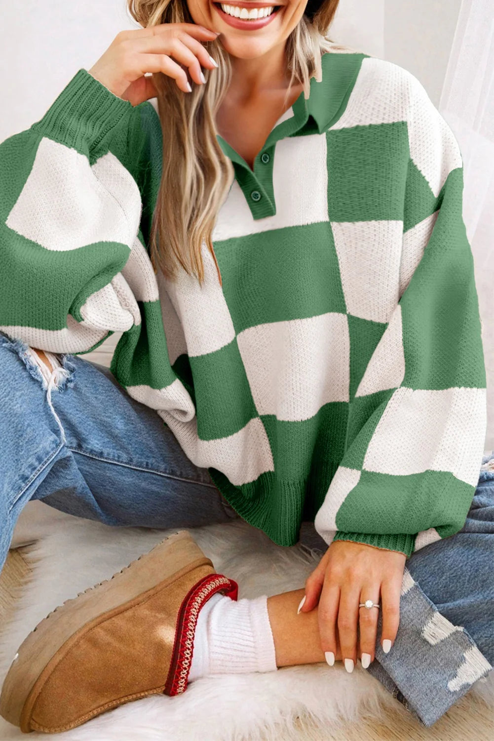 Fully Checkered Tri Button Sweater