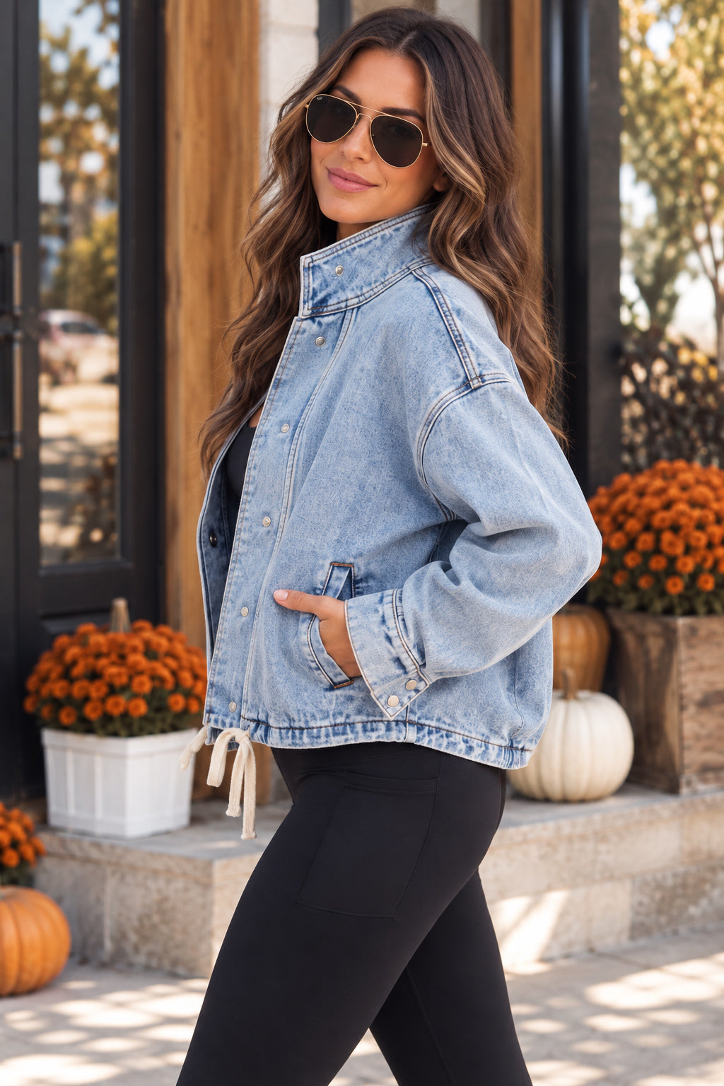 Funnel Neck Oversized Denim Jacket