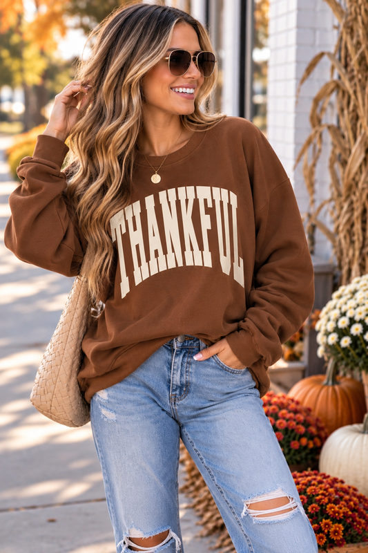Thankful Graphic Sweatshirt | Chestnut Brown Crewneck
