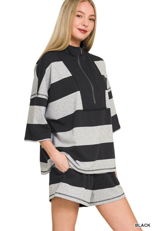 Heather Stripe Half Zip Set