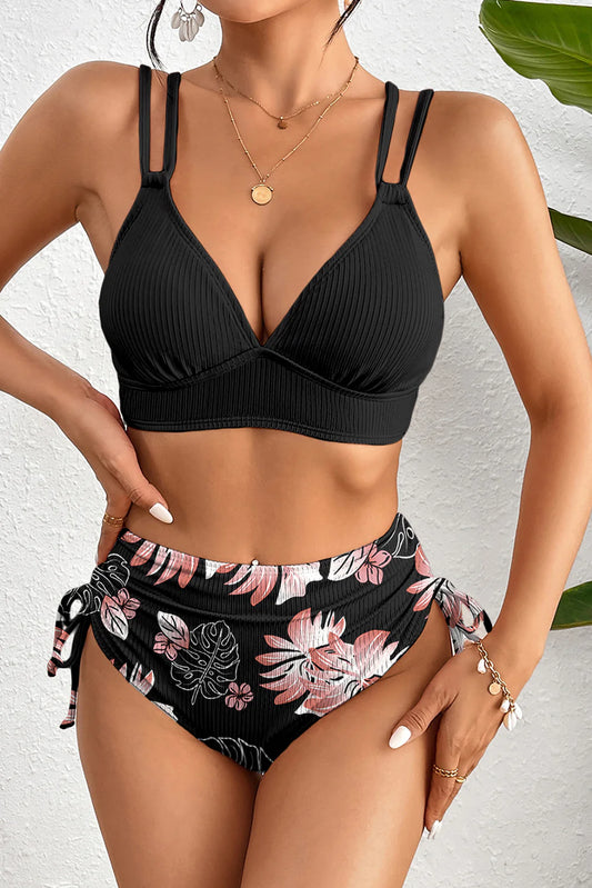 Tammy Tropical Ribbed High Waist Swimsuit Set