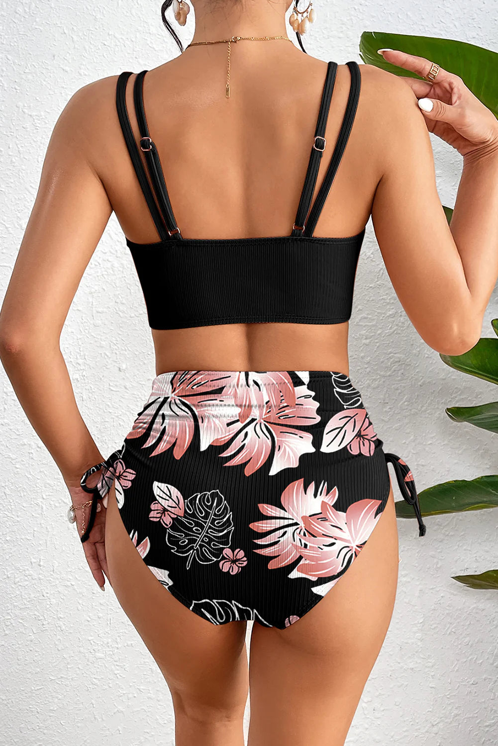 Tammy Tropical Ribbed High Waist Swimsuit Set