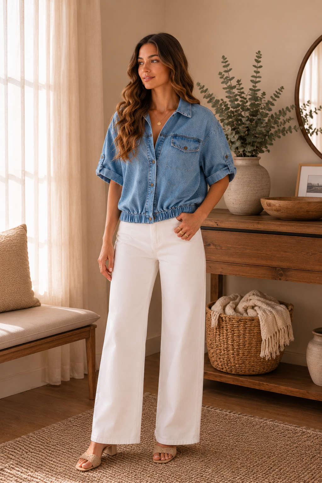 Cropped Denim Shirt with Roll Tab Sleeves