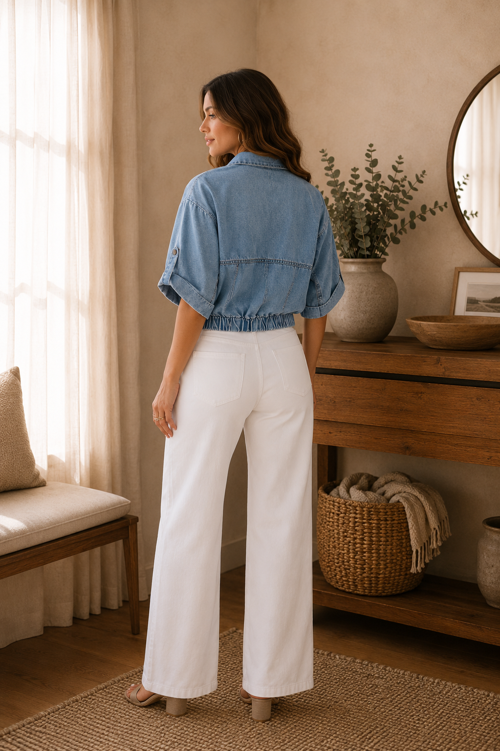 Cropped Denim Shirt with Roll Tab Sleeves