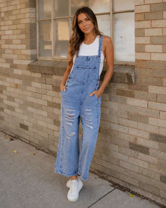 Denise Denim Distressed Wide Leg Overall
