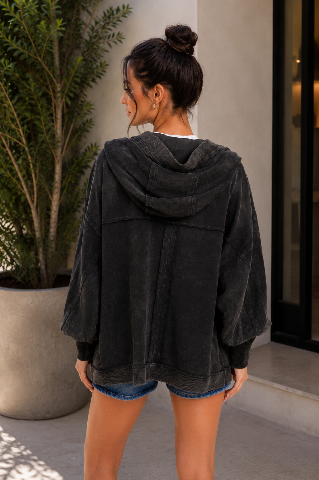 Washed Black Oversized Hooded Cardigan