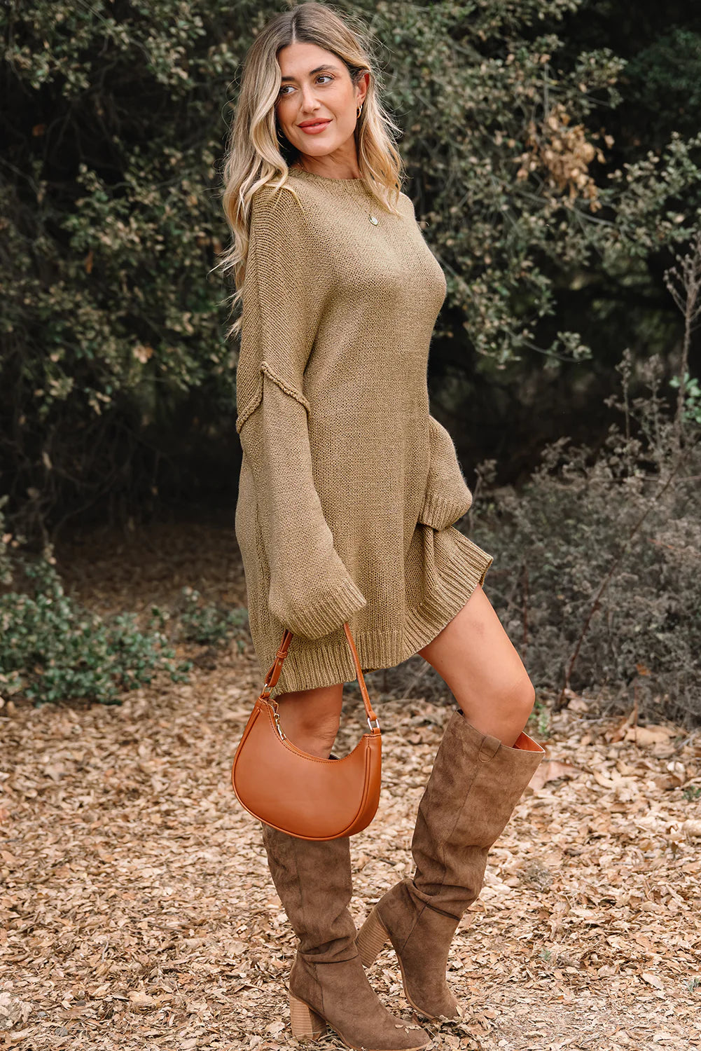 Sunday Snuggles Slouchy Sweater Dress-Khaki