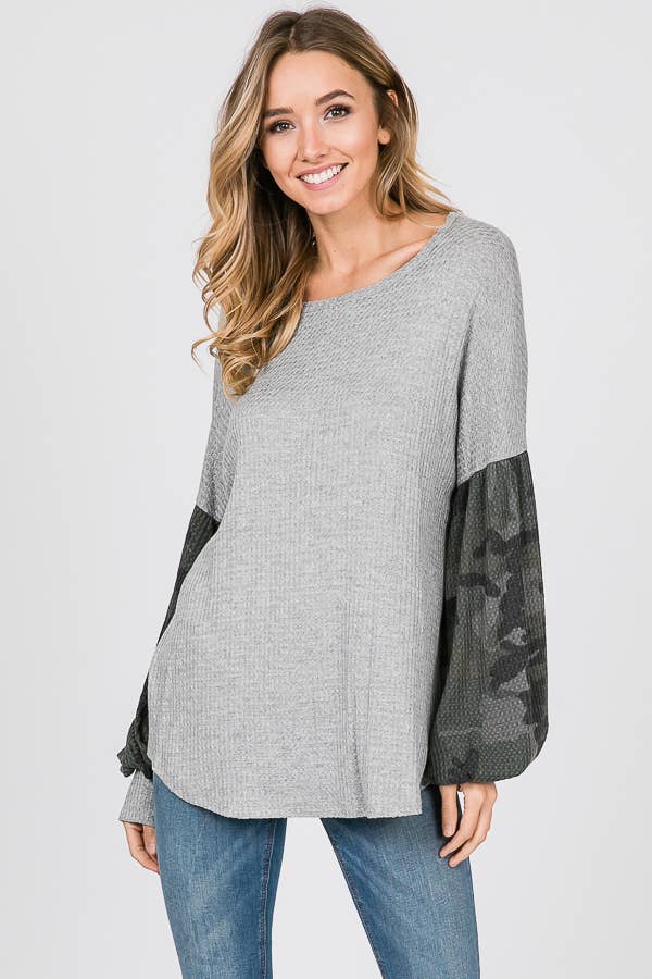 Camo Balloon Sleeve Waffle Knit Top
