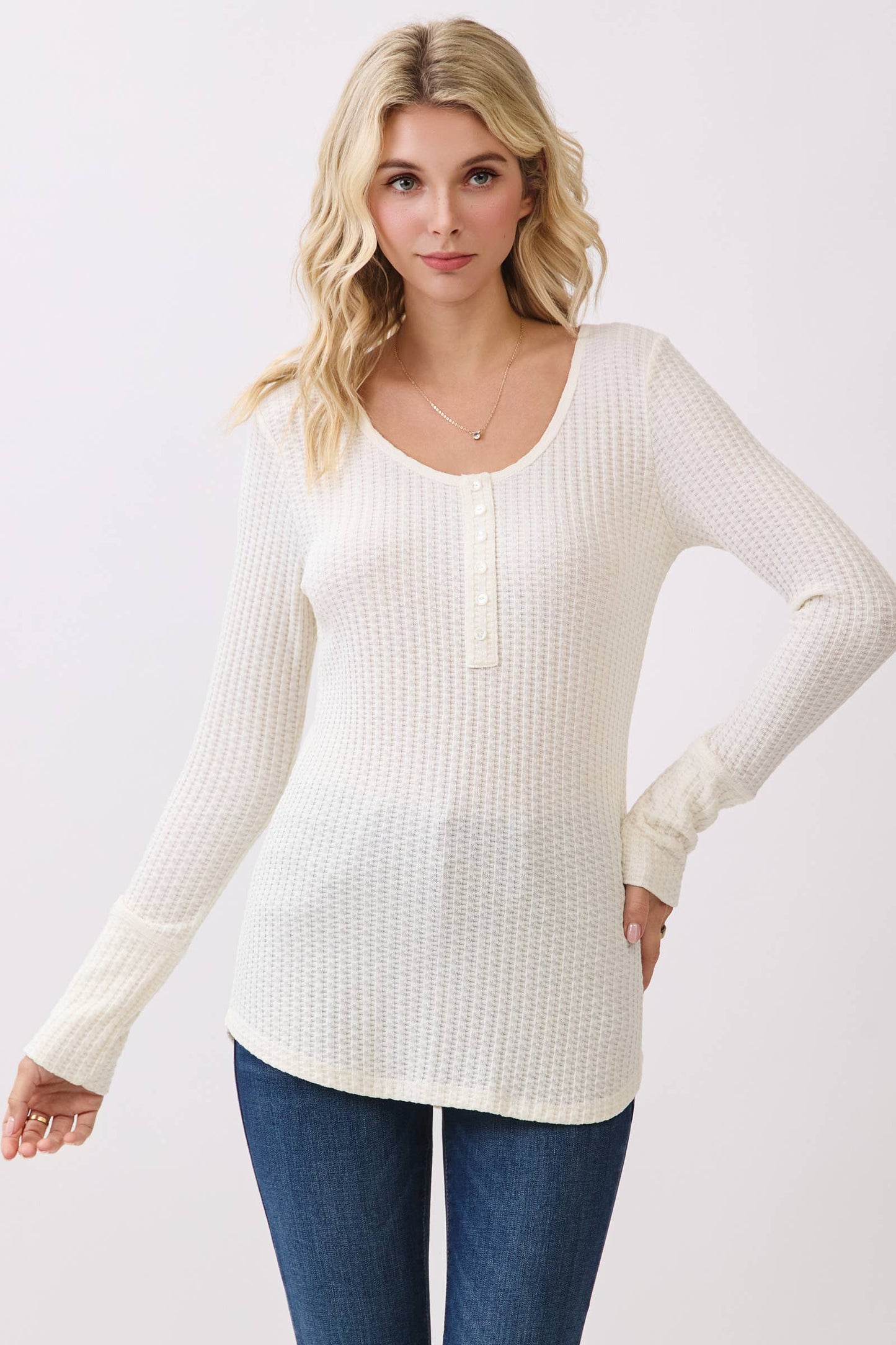 No Wavering Waffle Rib Long Sleeve Henley Top