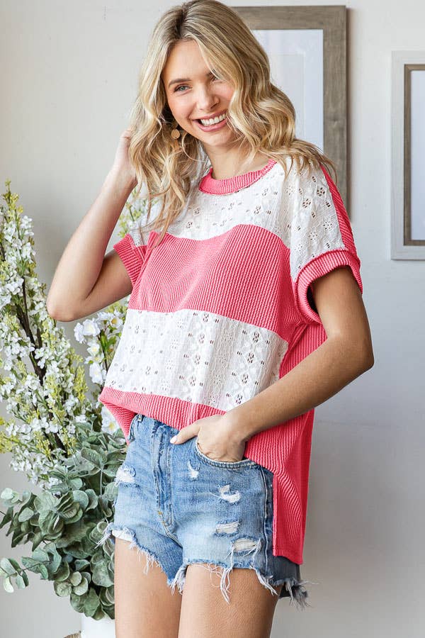 Radiantly Ribbed Lace Short Sleeve l Top
