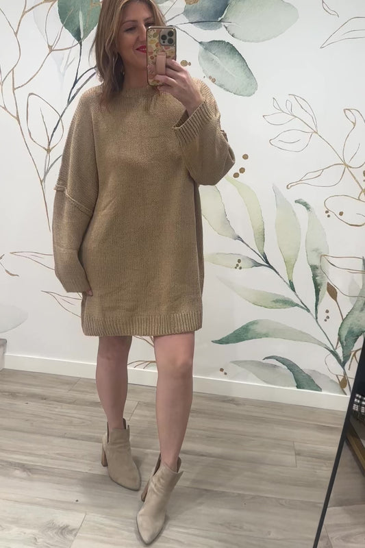 Sunday Snuggles Slouchy Sweater Dress-Khaki